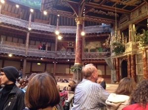 People wait for "A Midsummer Night's Dream" to start at The Globe.